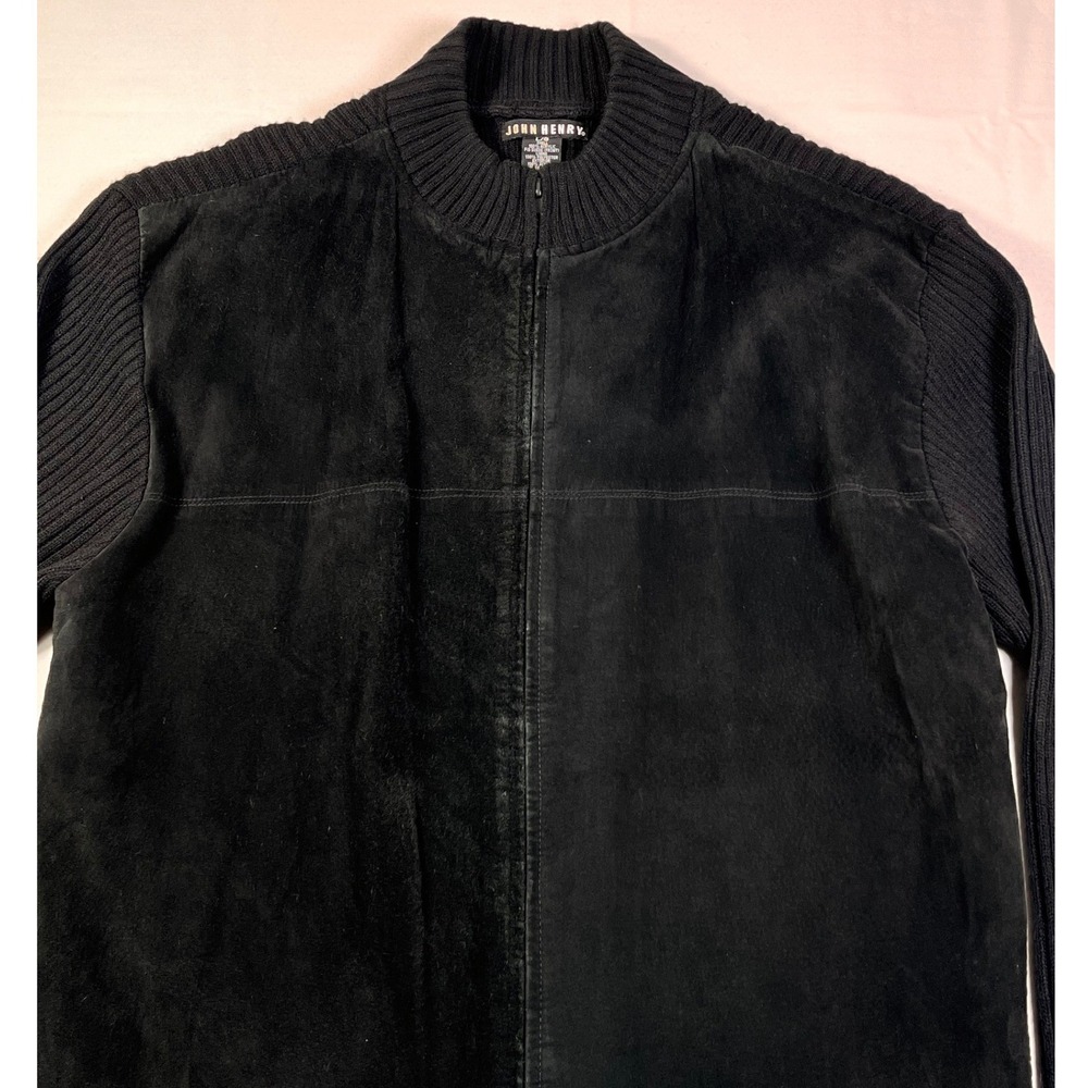 John Henry Mens L Black Genuine Suede Front Full Zip Sweater Jacket Lined